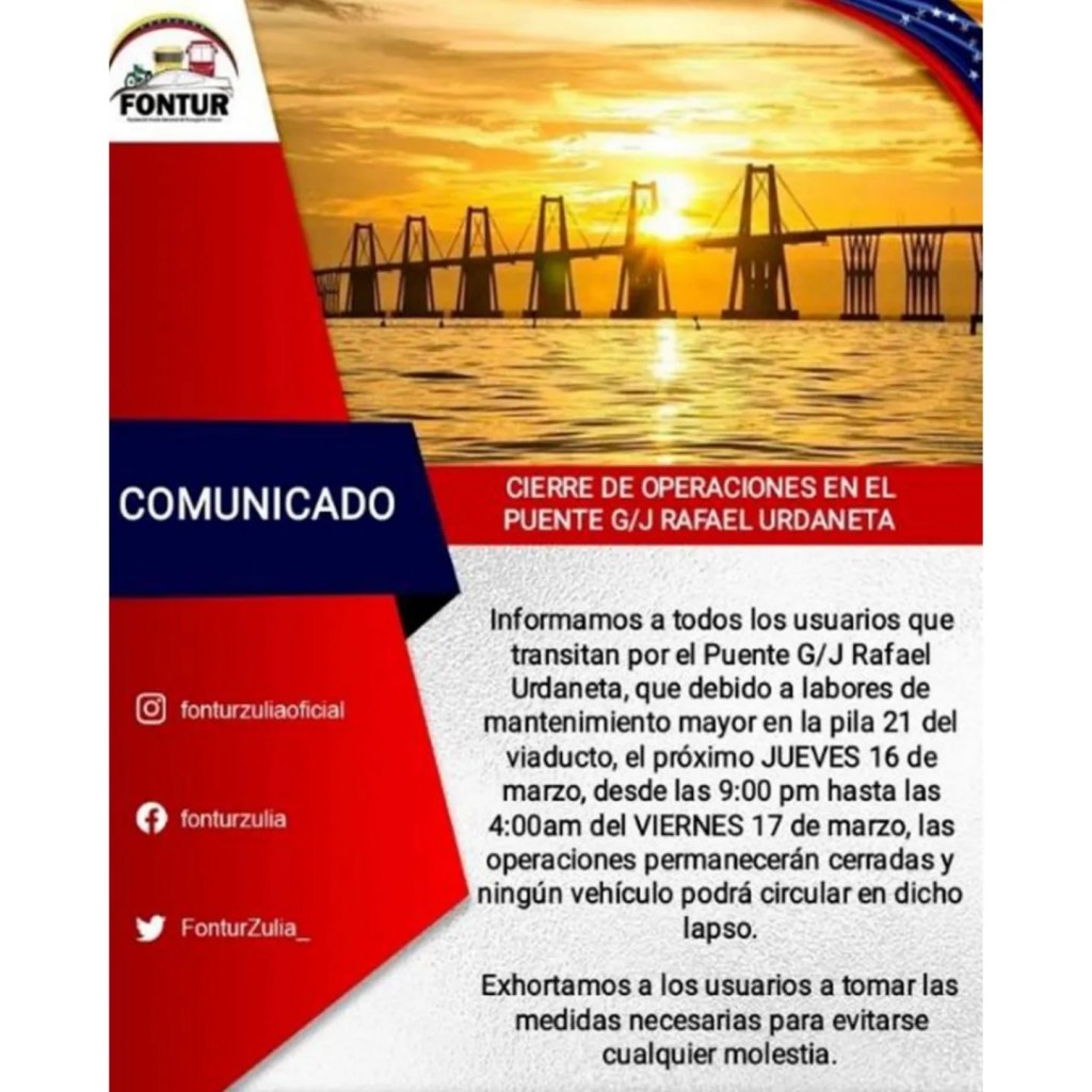 Cerrarán paso en el puente sobre el lago de Maracaibo por&nbsp;mantenimiento