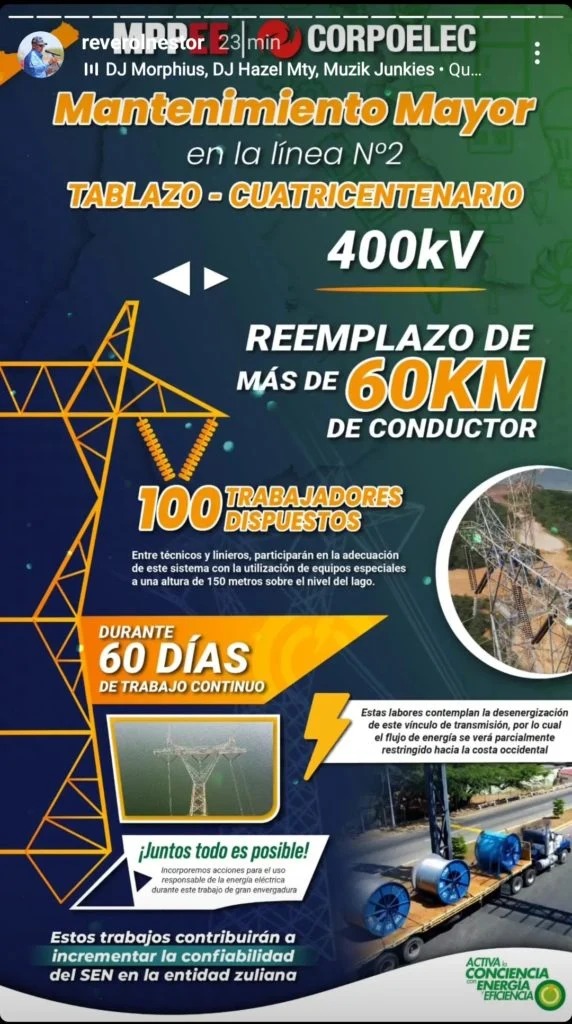 Zulia tendrá dos meses de restricción eléctrica por reemplazo de cableado en el&nbsp;Lago