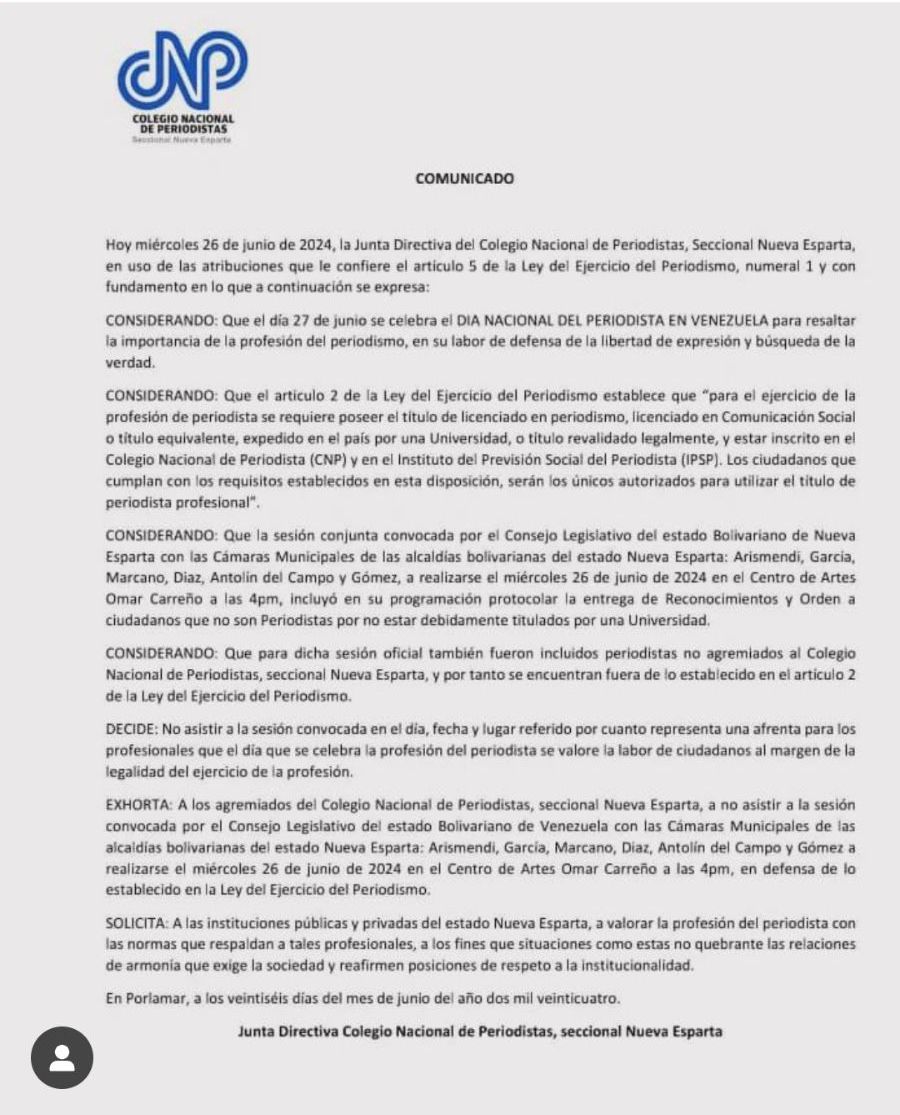 Periodistas en Nueva Esparta declinan asistir a sesión del Consejo&nbsp;Legislativo