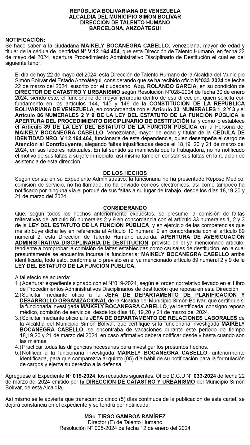 Cartel de notificación a: MAIKELY BOCANEGRA CABELLO,MAIKELY BOCANEGRA&nbsp;CABELLO,