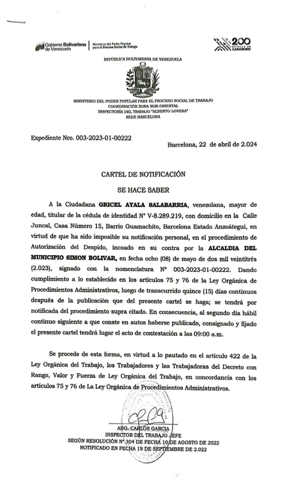 Cartel de notificación para Gricel Ayala&nbsp;Salabarria