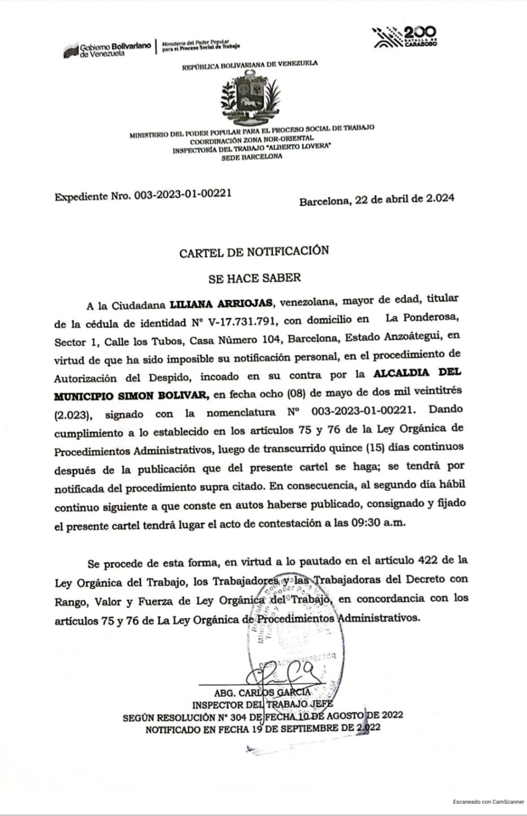 Cartel de notificación de la Alcaldía de Simón Bolívar para: Liliana&nbsp;Arrioja