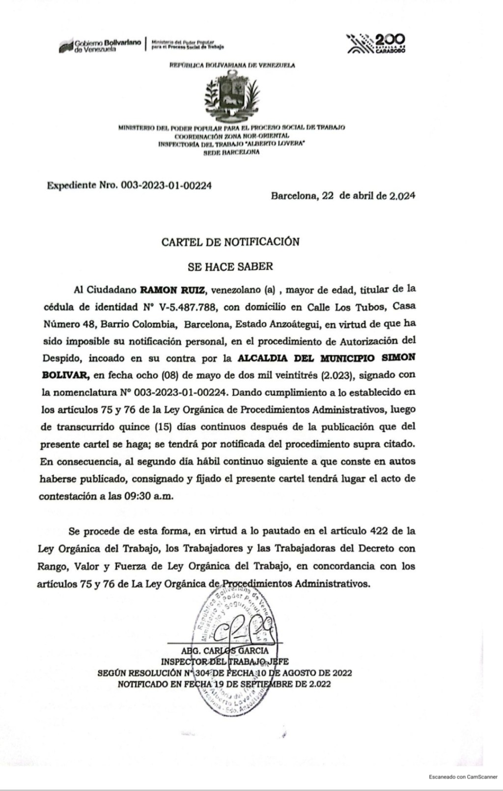 Notificación para: Ramón&nbsp;Ruíz
