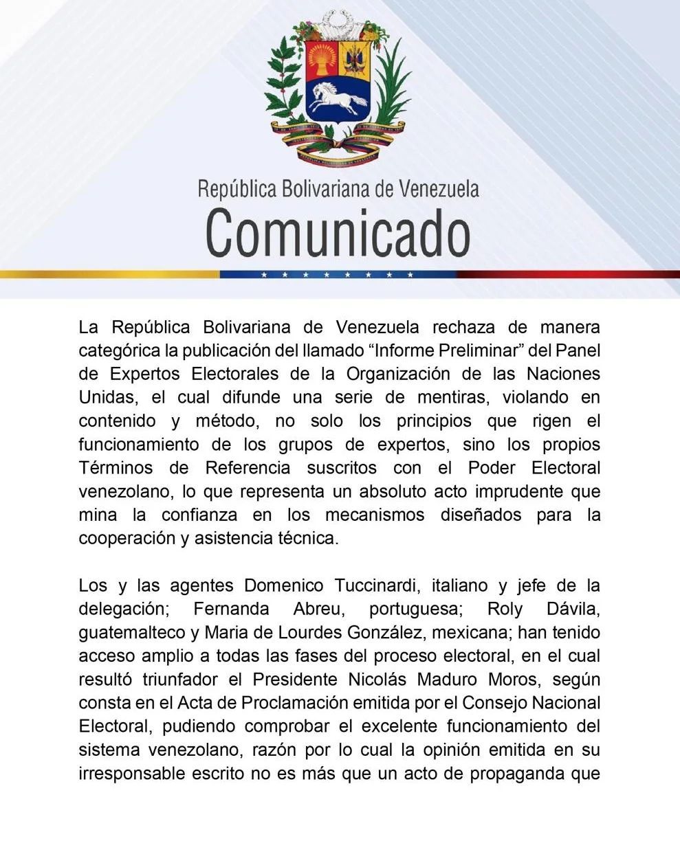 Cancillería venezolana rechaza informe preliminar de la ONU sobre ...