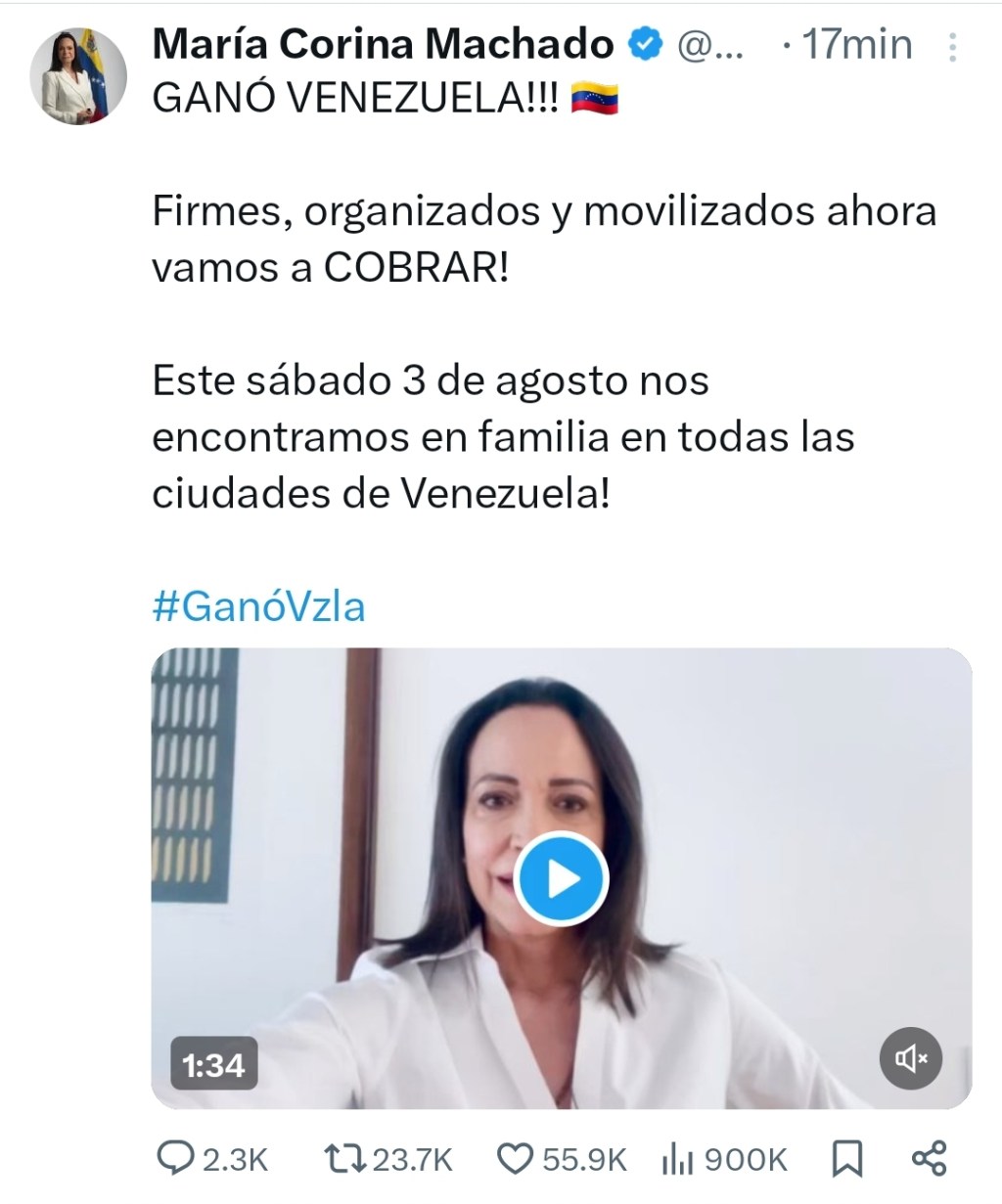 María Corina Machado publicó vídeo para convocar concentración para este sábado 3 de&nbsp;agosto