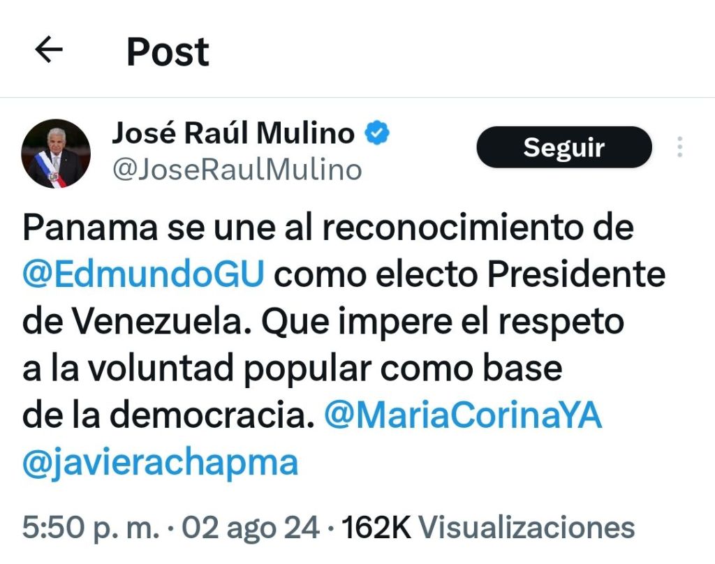 Panamá asegura que reconoce a Edmundo González como «electo presidente de&nbsp;Venezuela»