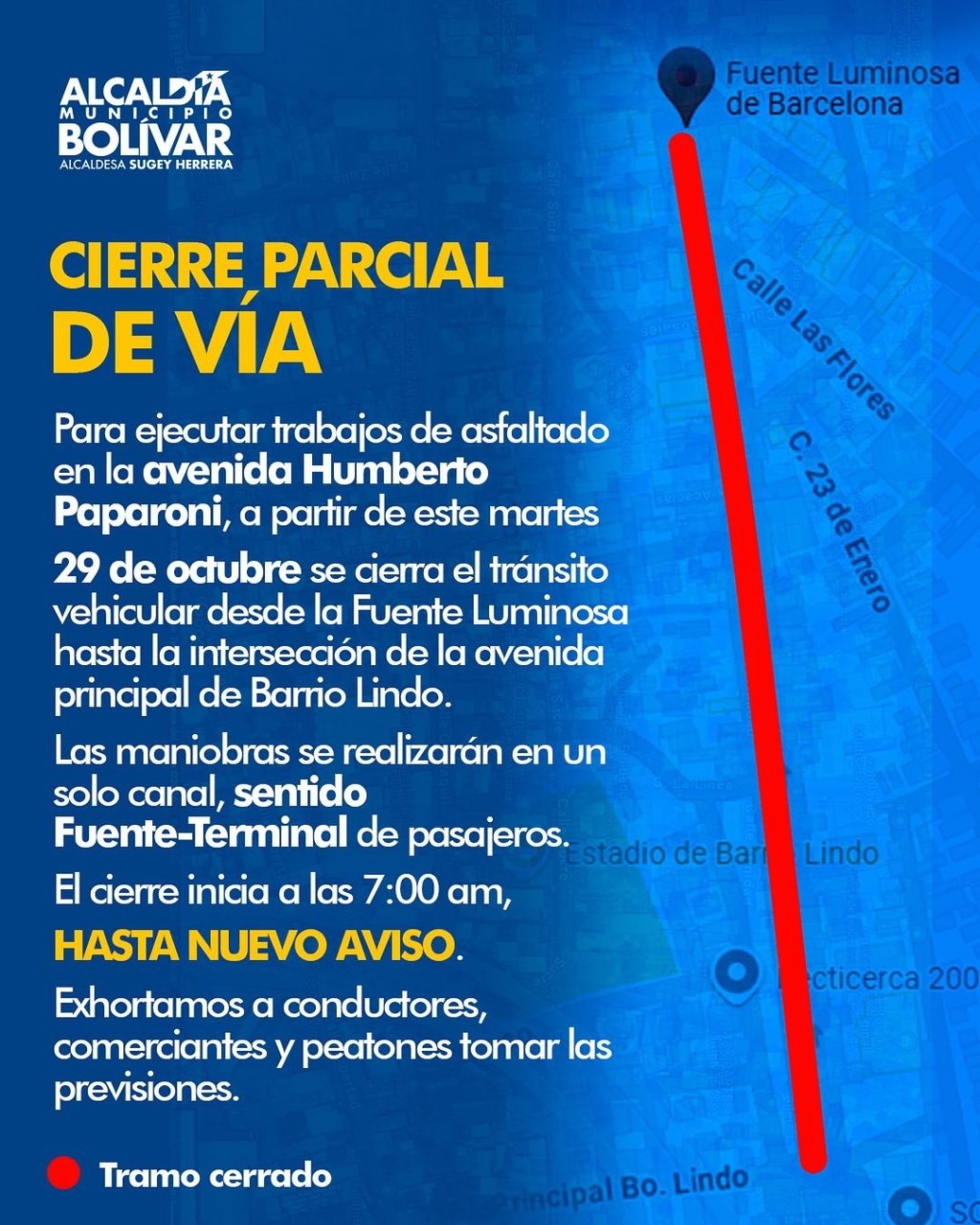 Atención: restringirán tránsito desde la Fuente hasta la Av. Principal de Barrio Lindo en&nbsp;Barcelona