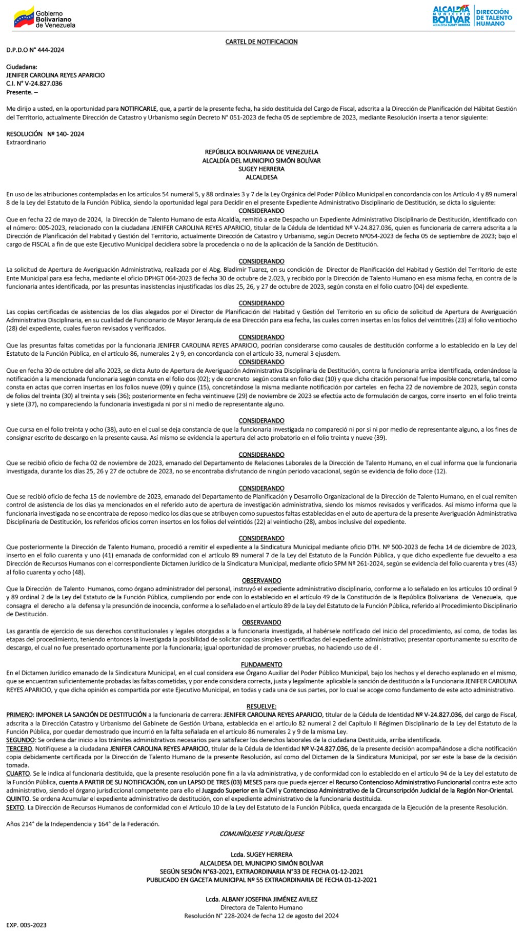 Cartel de notificación a la ciudadana: Jennifer Carolina Reyes&nbsp;Aparicio