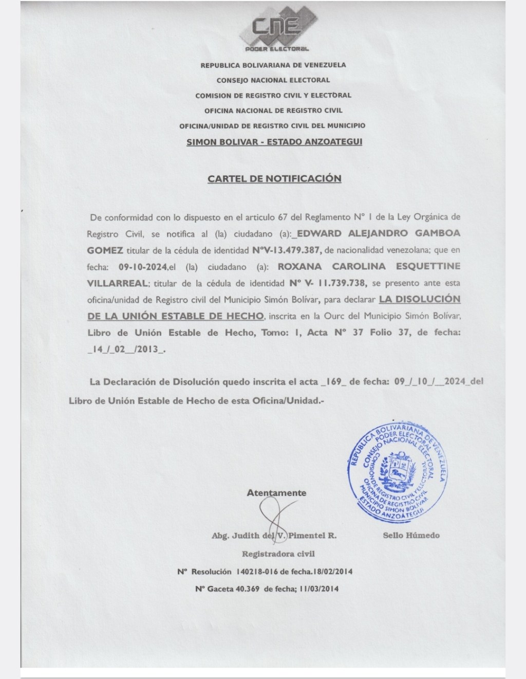 Cartel de notificación a Edward Alejandro Gamboa&nbsp;Gómez
