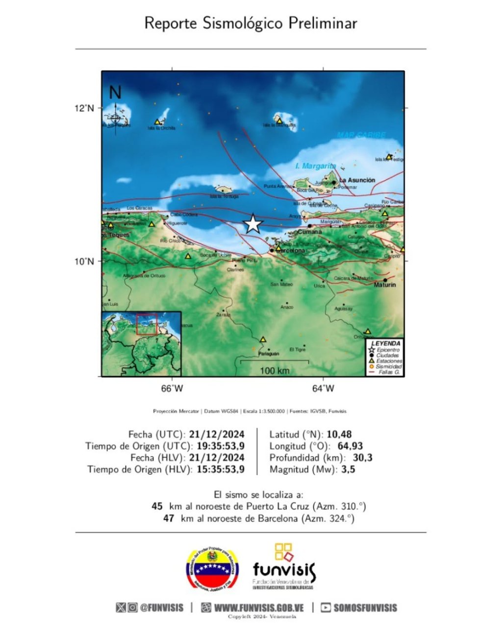 Funvisis reportó sismo de 3.5 a 45 kilómetros de Puerto La&nbsp;Cruz