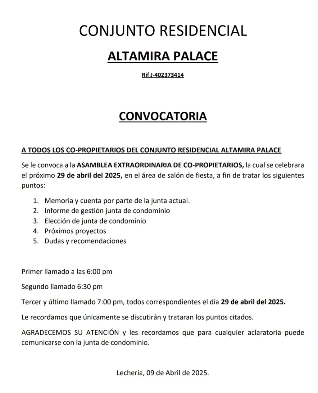 Convocatoria del CONJUNTO RESIDENCIAL ALTAMIRA&nbsp;PALACE