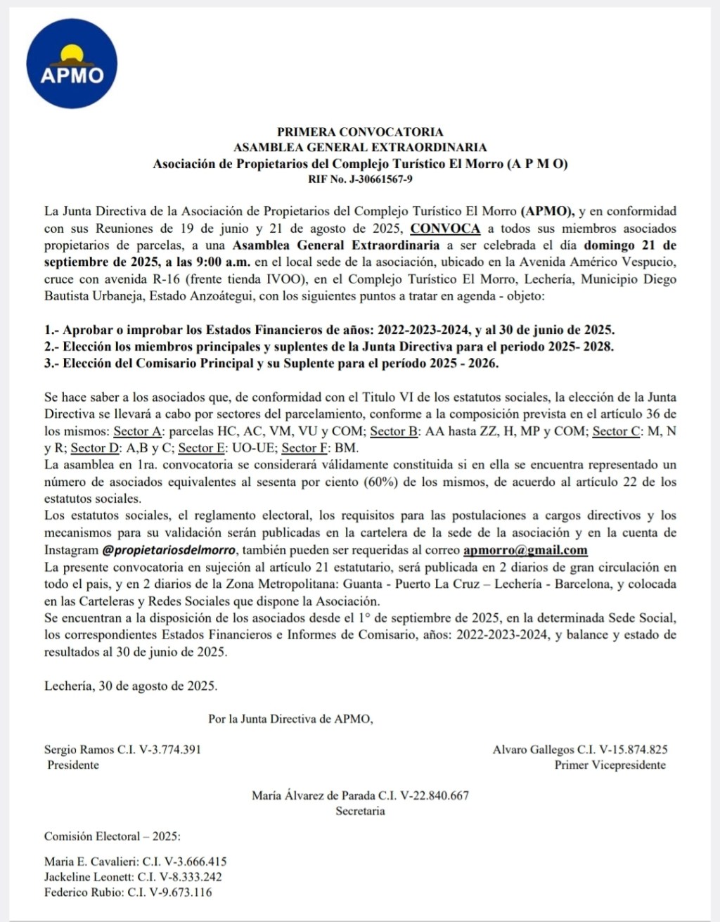 Convocatoria de Asamblea General Extraordinadia de la&nbsp; Asociación de Propietarios del Complejo Turístico El Morro (A P M&nbsp;O)