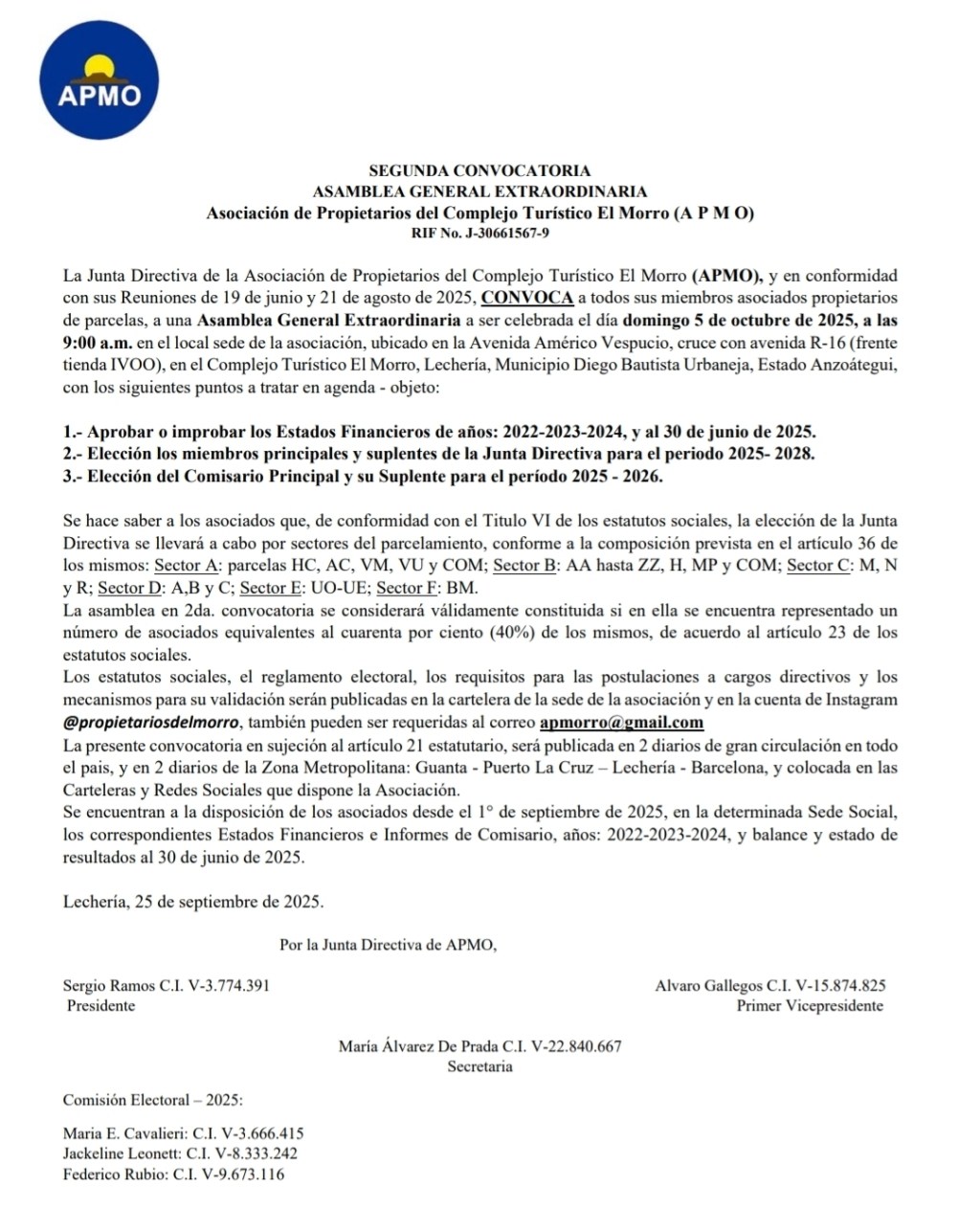 SEGUNDA CONVOCATORIA ASAMBLEA GENERAL EXTRAORDINARIA Asociación de Propietarios del Complejo Turistico El Morro&nbsp;(APMO)