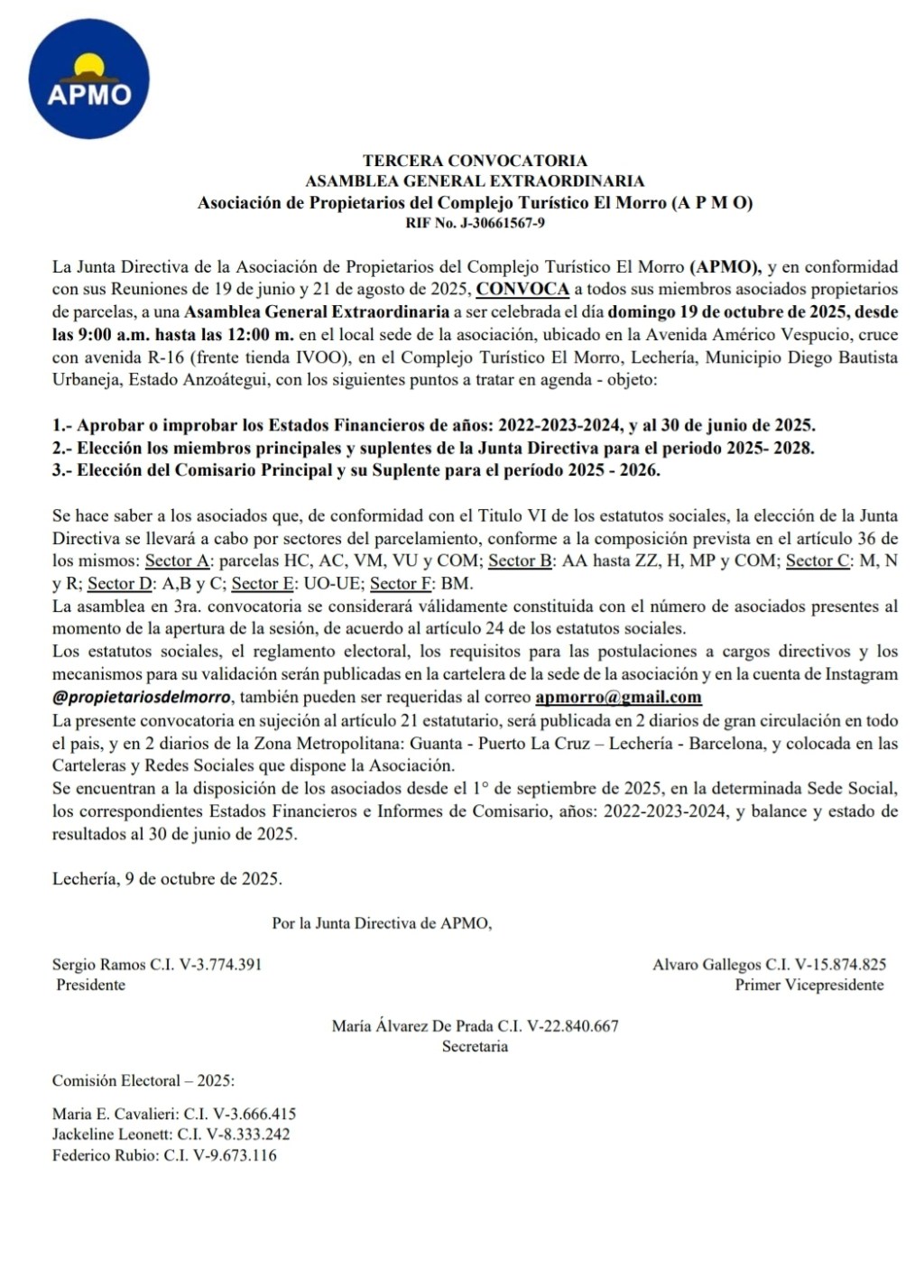 TERCERA CONVOCATORIAASAMBLEA GENERAL EXTRAORDINARIA DE&nbsp;APMO