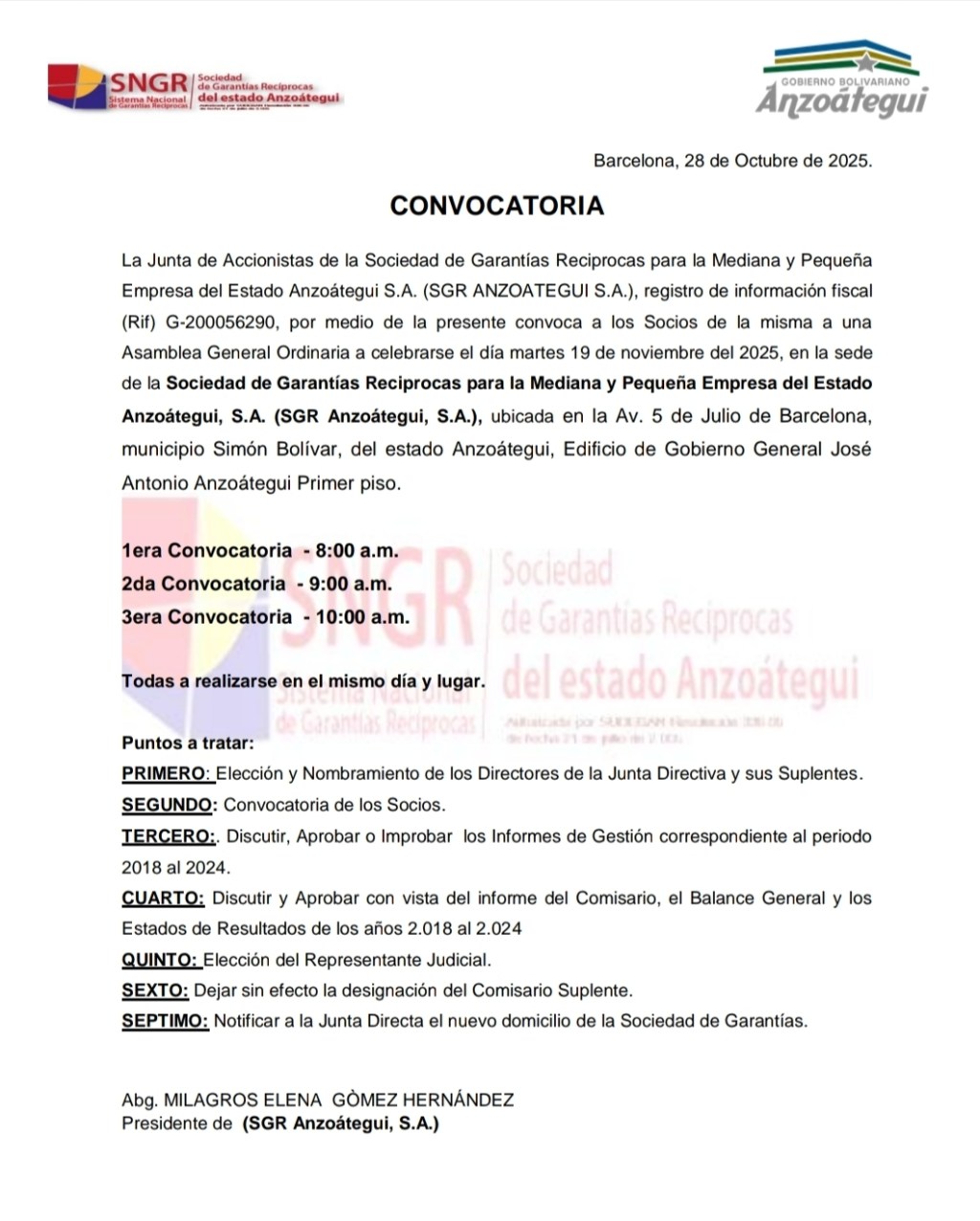 CONVOCATORIA de la Junta de Accionistas de la Sociedad de Garantías Reciprocas para la Mediana y Pequeña Empresa del Estado Anzoátegui S.A. (SGR ANZOATEGUI&nbsp;S.A.)