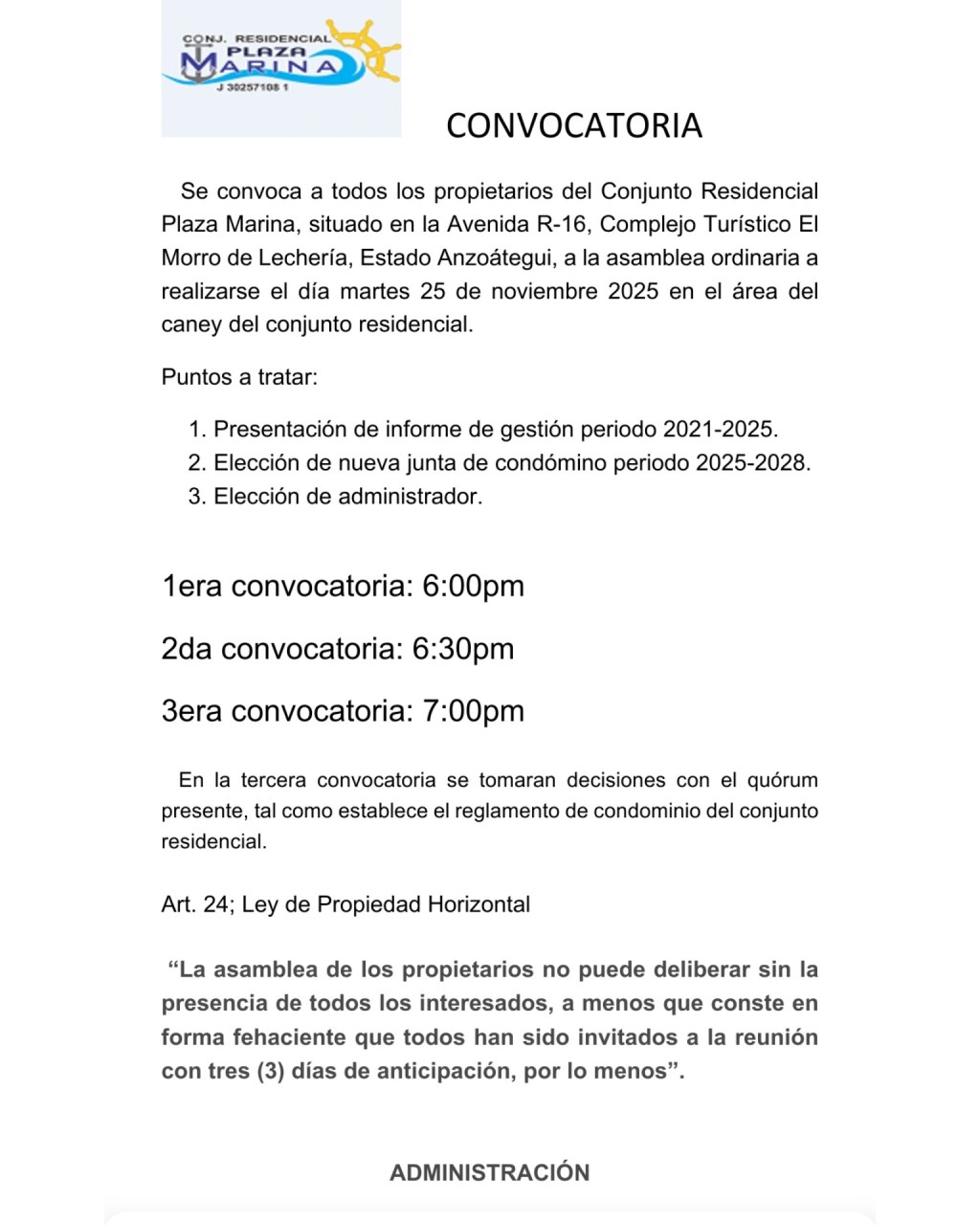 Convocatoria de Asamblea Residencias Plaza&nbsp;Marina