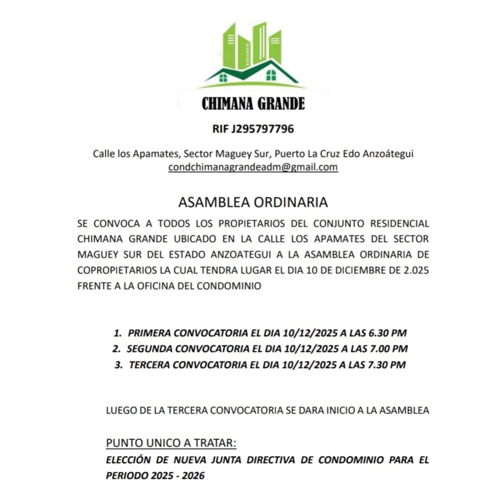 Asamblea Ordinaria de Propietarios conjunto Residencial Chimana Grande