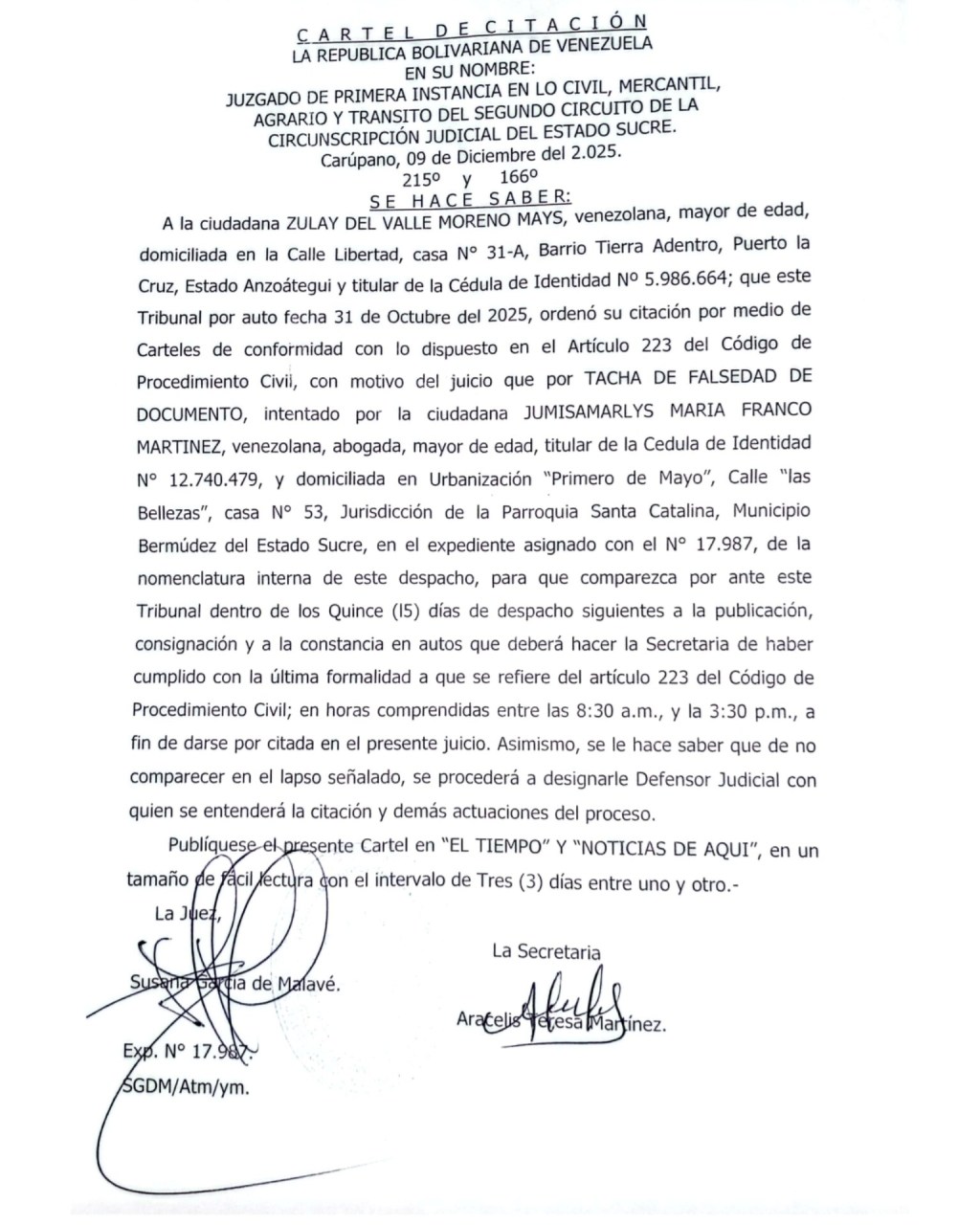 Cartel de citación a la ciudadana Zulay del Valle Moreno&nbsp;Mays