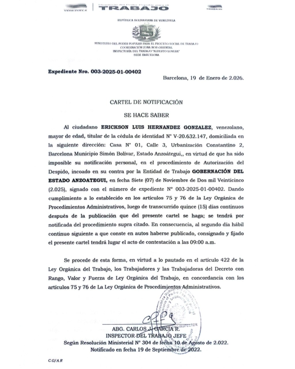 Cartel de notificación Al ciudadano: ERICKSON LUIS HERNANDEZ&nbsp;GONZALEZ