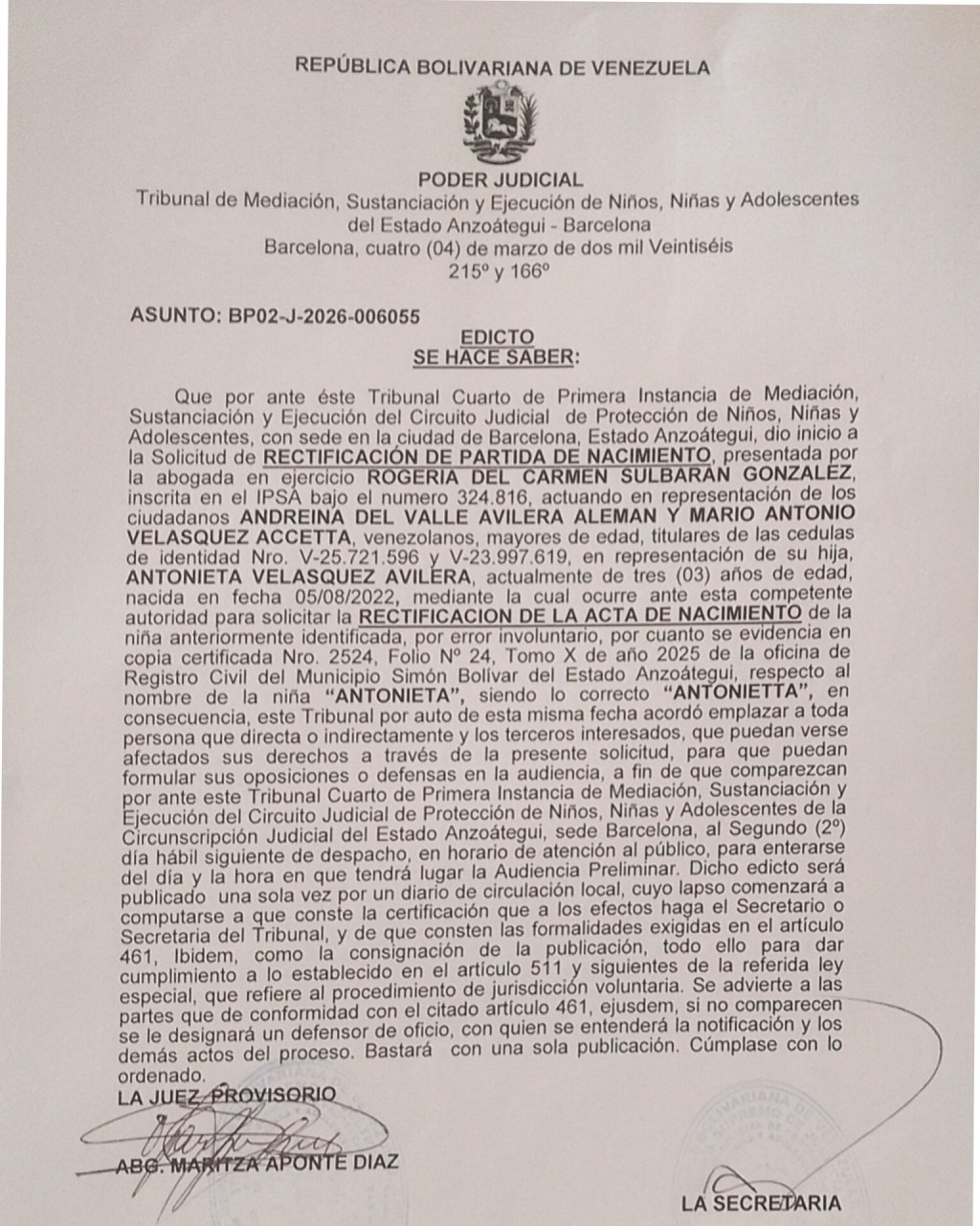 Rectificación de Partida de nacimiento de: Antonietta VELÁSQUEZ&nbsp;AVILERA