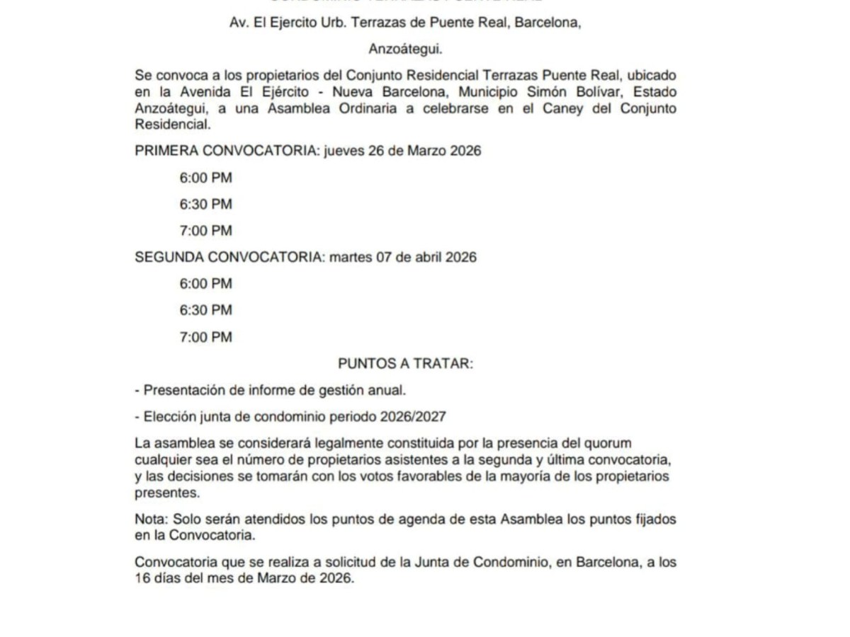 Convocatoria Asamblea de Propietarios Condomininio Terrazas Puente&nbsp;Real