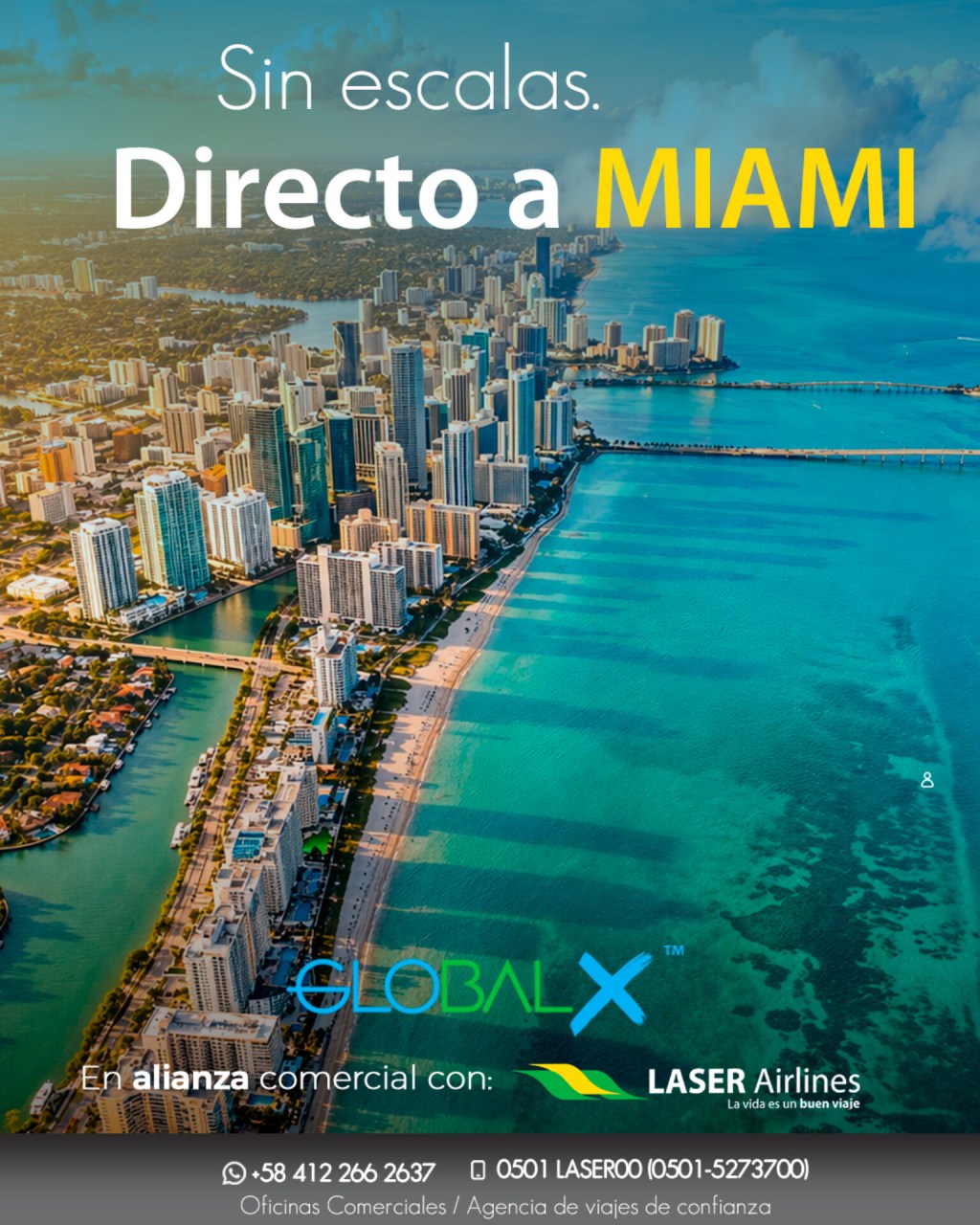 Aerolínea Global X, en alianza comercial con Laser Airlines anuncian vuelos directos a&nbsp;Miami.