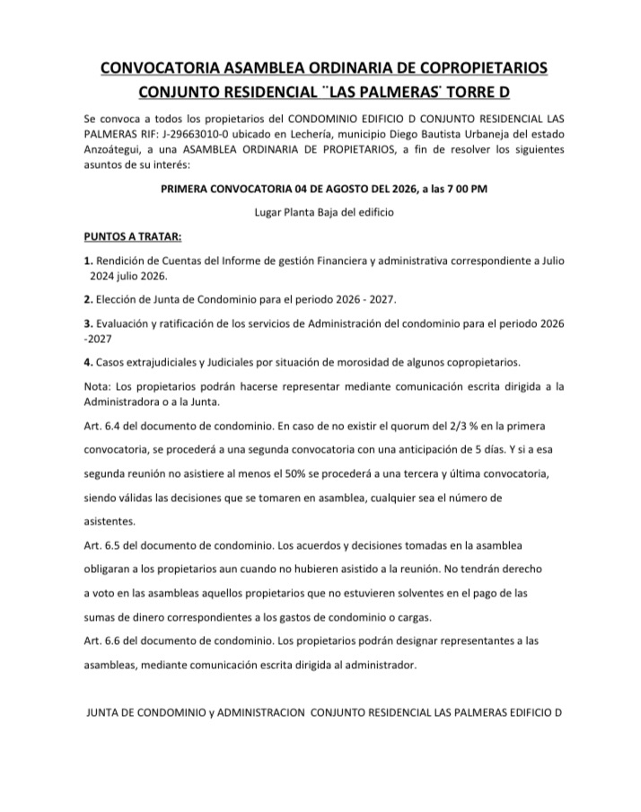 CONVOCATORIA ASAMBLEA ORDINARIA DE COPROPIETARIOSCONJUNTO RESIDENCIAL ̈LAS PALMERAS ̈ TORRE&nbsp;D