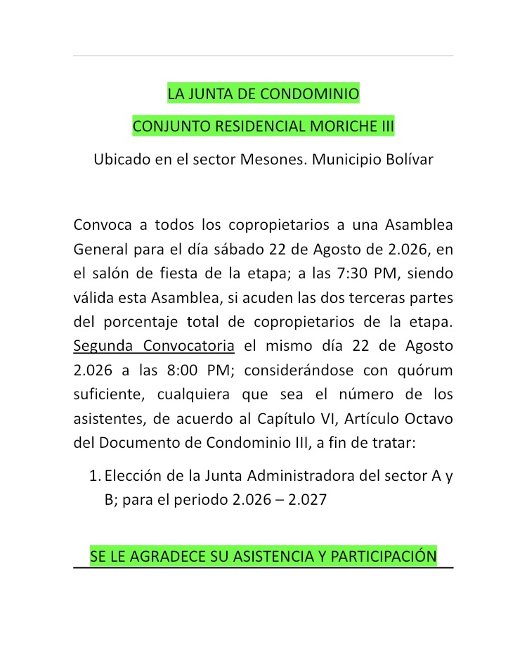 Convocatoria a Asamblea General de Propietarios Conjunto Residencial Moriche&nbsp;III
