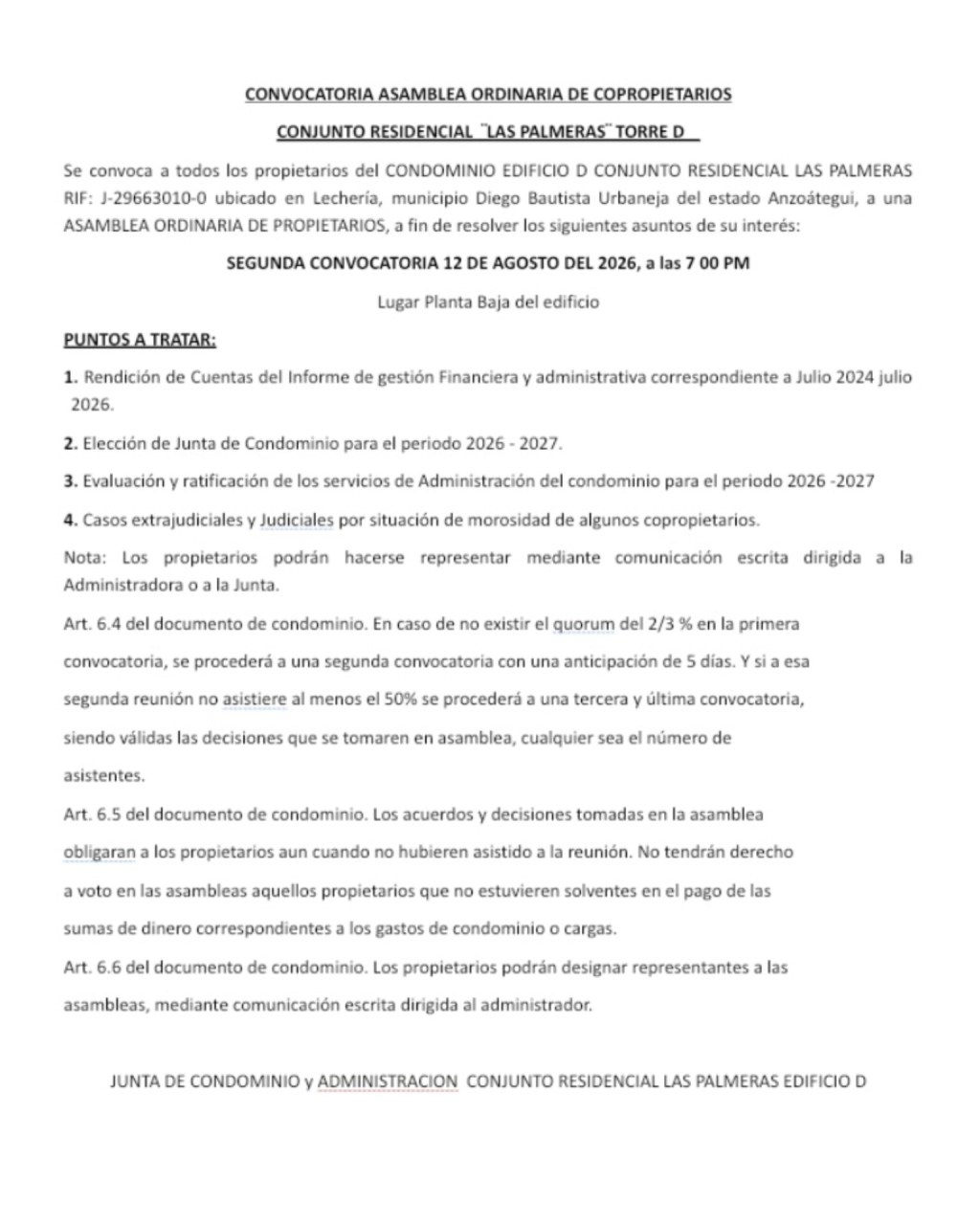 CONVOCATORIA ASAMBLEA ORDINARIA DE COPROPIETARIOS CONJUNTO RESIDENCIAL LAS PALMERAS, «TORRE&nbsp;D»