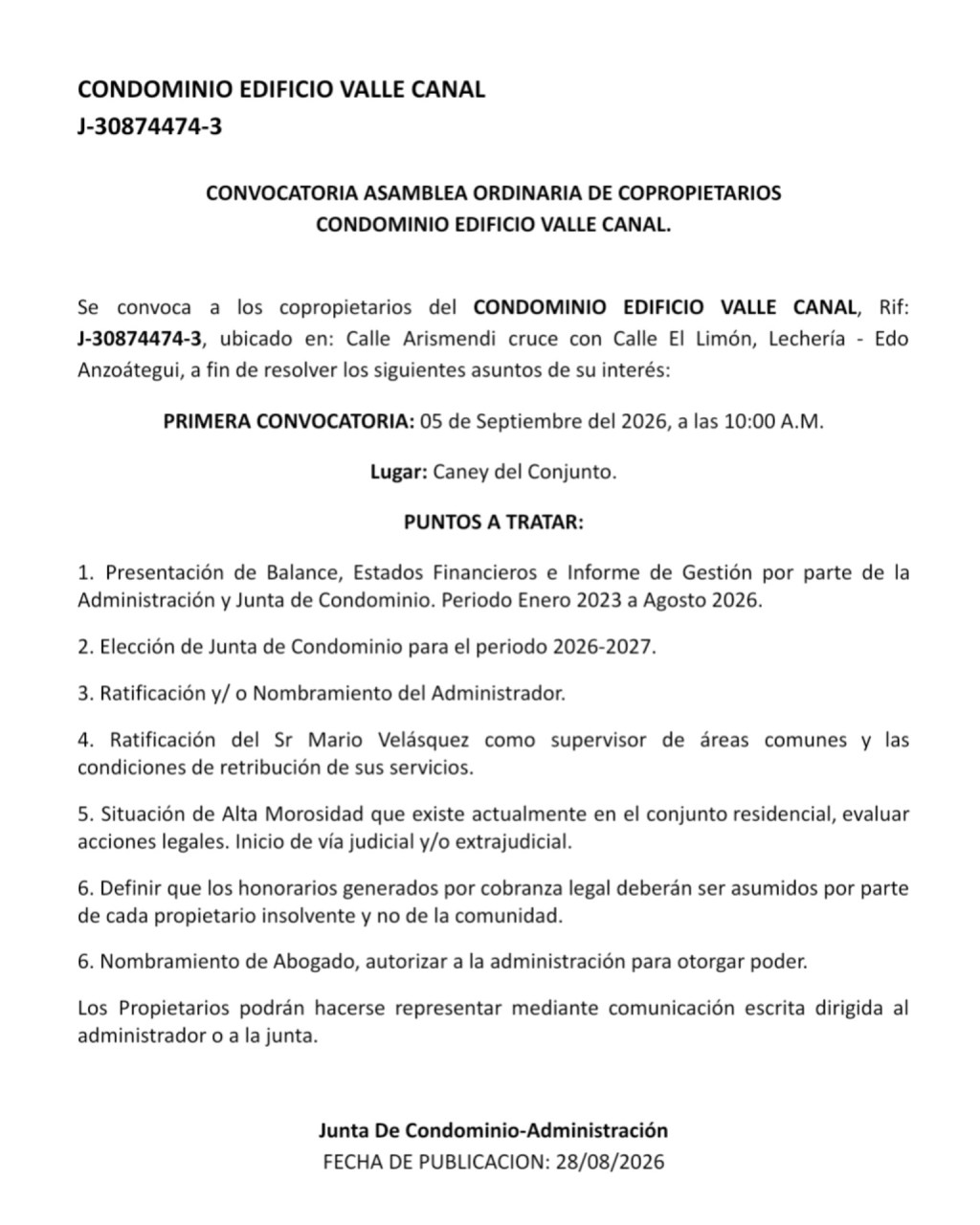 CONVOCATORIA ASAMBLEA ORDINARIA DE COPROPIETARIOS CONDOMINIO EDIFICIO VALLE CANAL.