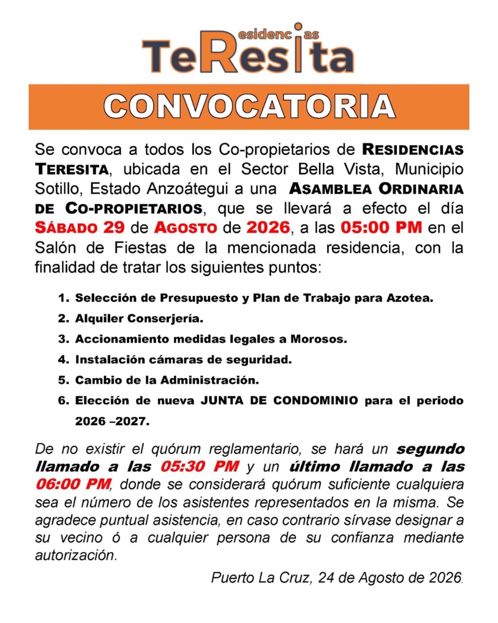 Convocatoria de asamblea ordinaria de co-propietarios de Residencias Teresita este sábado
