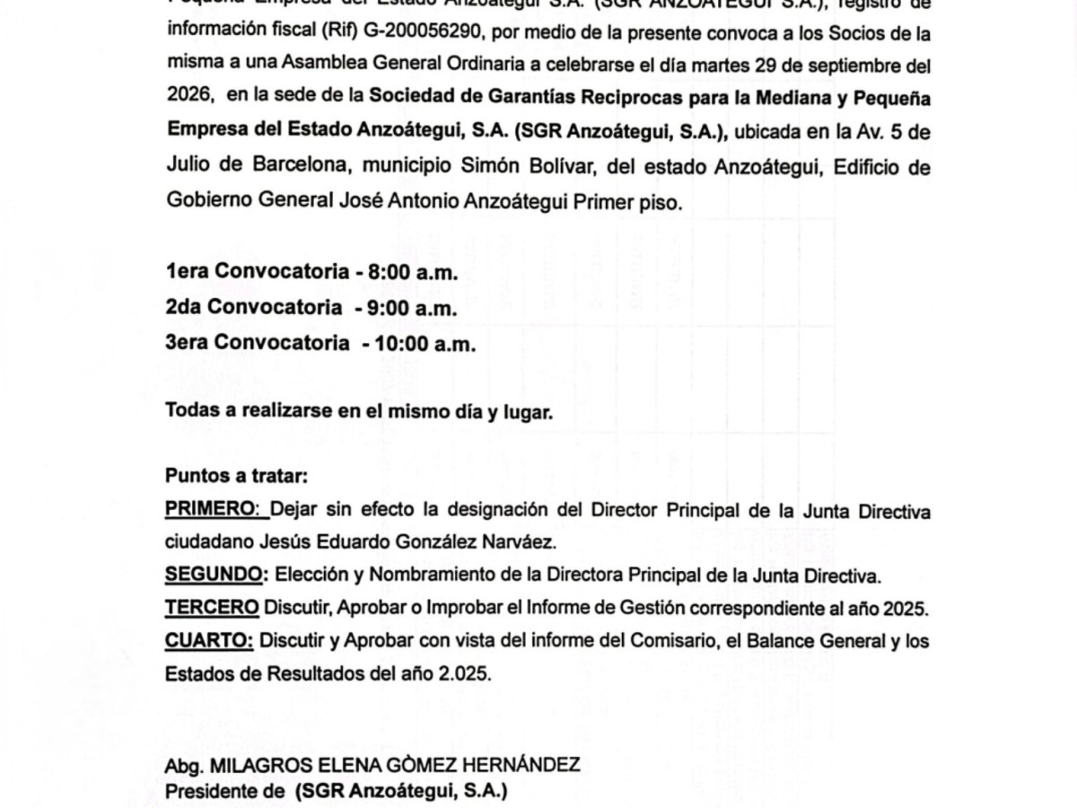 Convocatoria de la Junta de Accionistas de la Sociedad de Garantías Recíprocas para la Mediana y Pequeña Empresa del Estado&nbsp;Anzoátegui