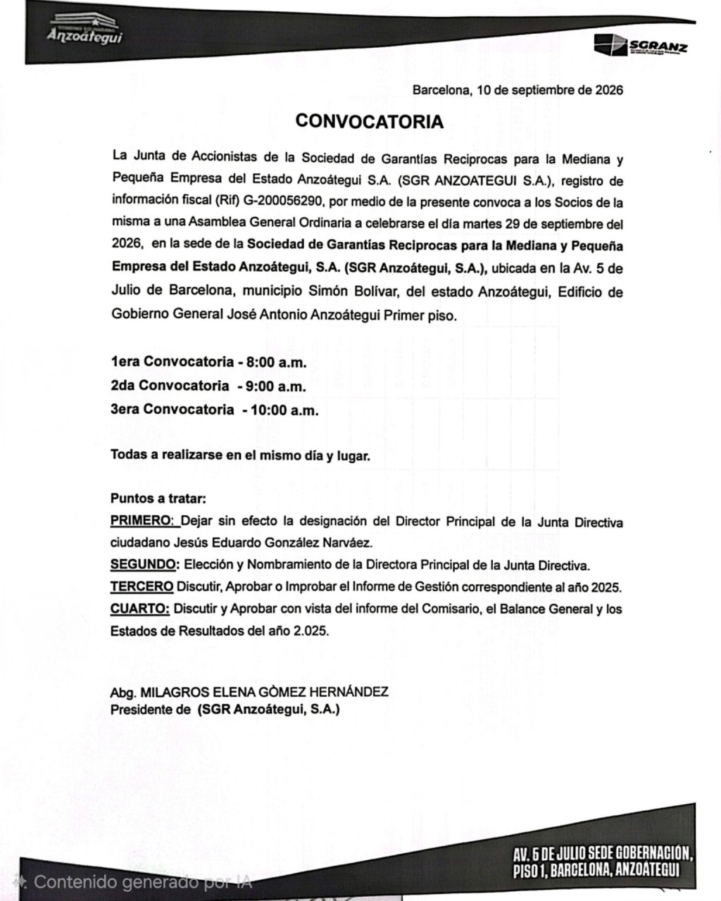 Convocatoria de la Junta de Accionistas de la Sociedad de Garantías Recíprocas para la Mediana y Pequeña Empresa del Estado&nbsp;Anzoátegui
