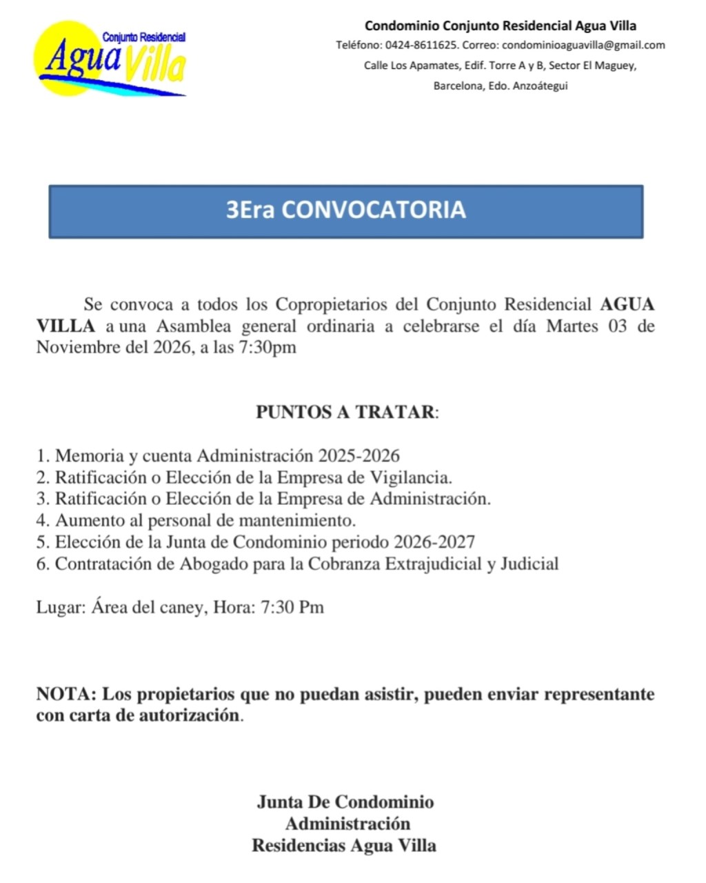 Convocatoria de asamblea general ordinaria de Conjunto Residencial Agua Villa