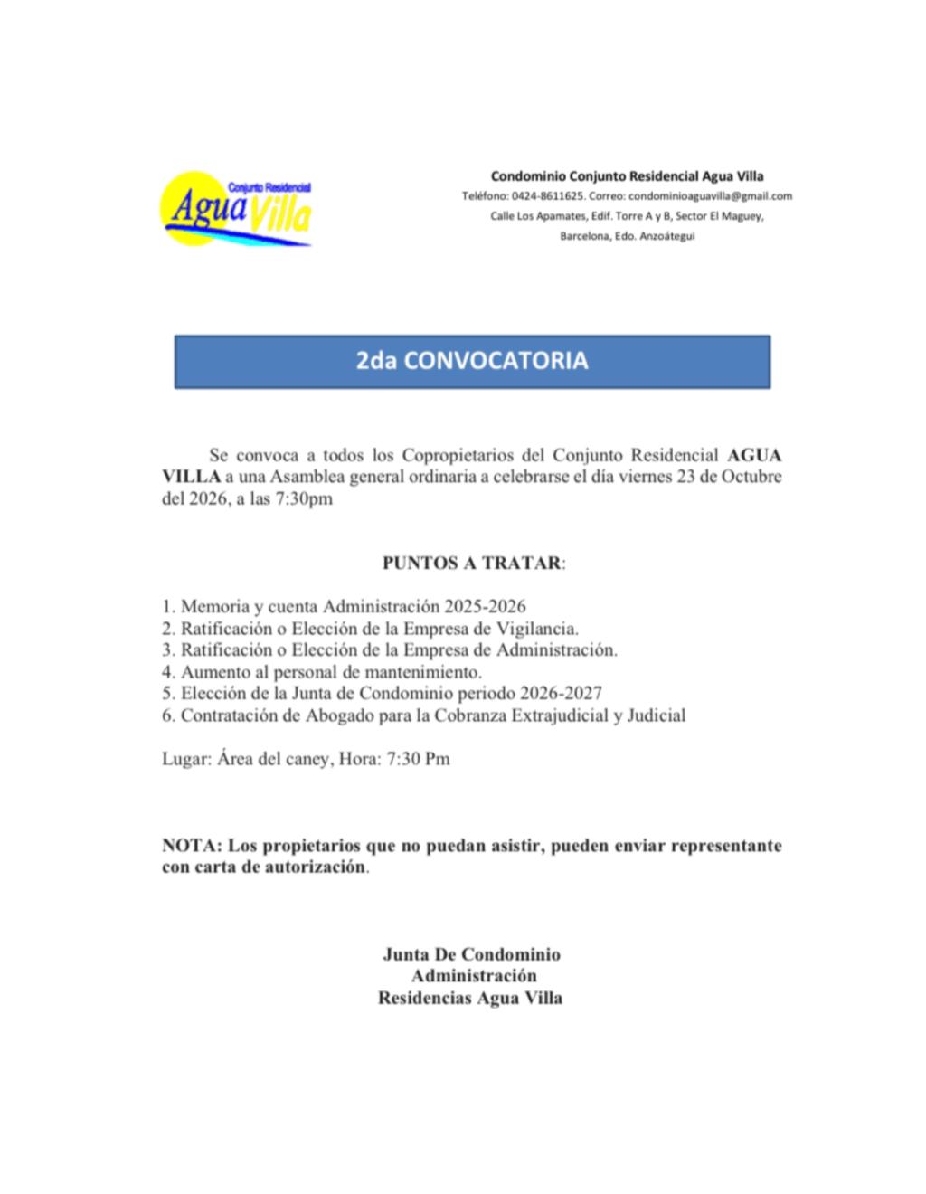 Segunda convocatoria a Asamblea General en Conjunto Residencial AGUA VILLA